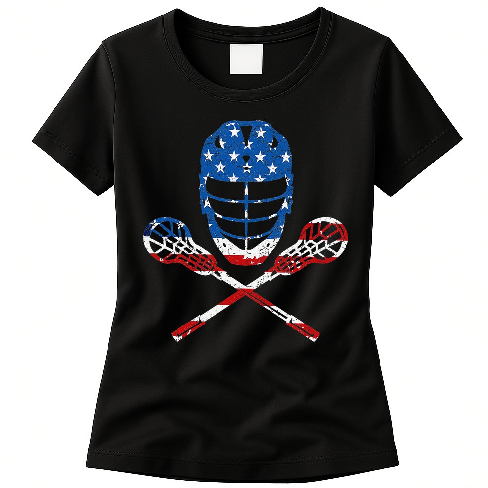 Lacrosse American Flag Lax Helmet Sticks 4th Of July Gifts Womens T-Shirt