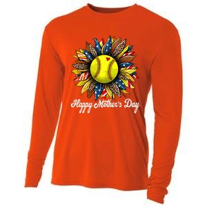 Leopard American Flag Baseball Mom Softball Mothers Day Gift Cooling Performance Long Sleeve Crew