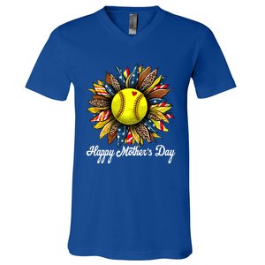 Leopard American Flag Baseball Mom Softball Mothers Day Gift V-Neck T-Shirt