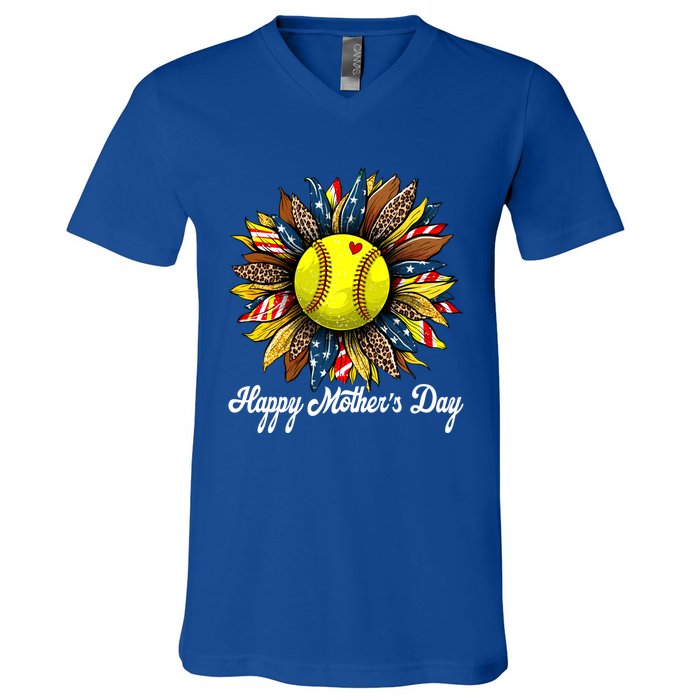 Leopard American Flag Baseball Mom Softball Mothers Day Gift V-Neck T-Shirt