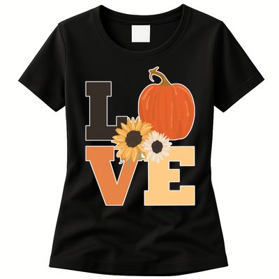 LOVE Autumn Floral Pumpkin Fall Season Womens T-Shirt