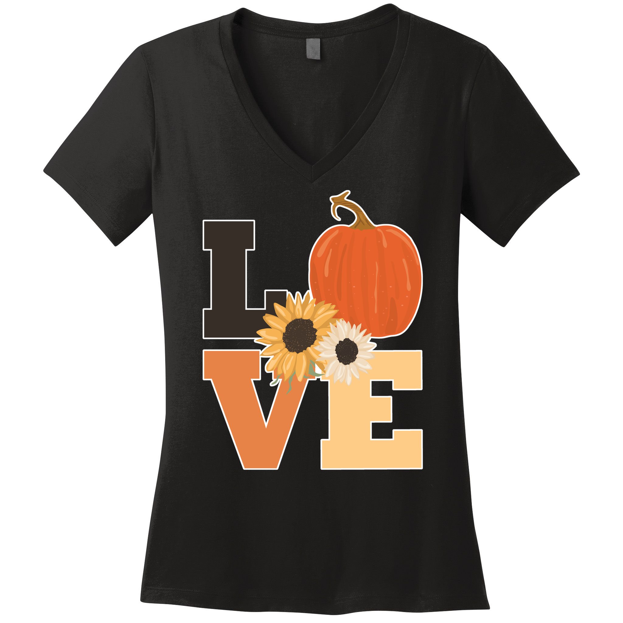 LOVE Autumn Floral Pumpkin Fall Season Women's V-Neck T-Shirt