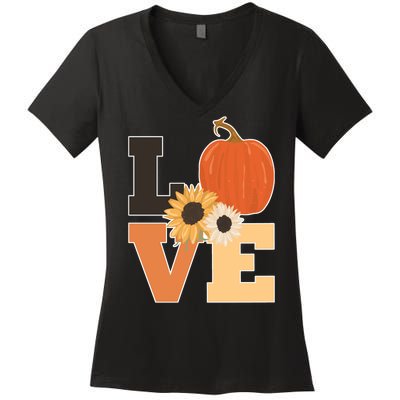 LOVE Autumn Floral Pumpkin Fall Season Women's V-Neck T-Shirt