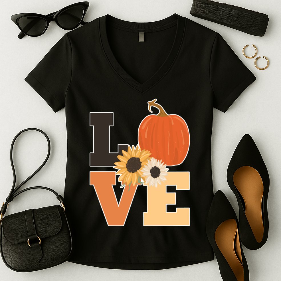 LOVE Autumn Floral Pumpkin Fall Season Women's V-Neck T-Shirt