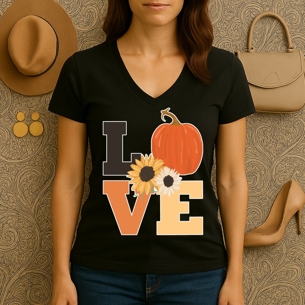 LOVE Autumn Floral Pumpkin Fall Season Women's V-Neck T-Shirt