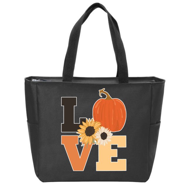 LOVE Autumn Floral Pumpkin Fall Season Zip Tote Bag