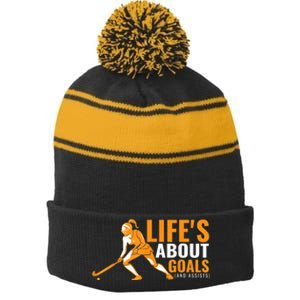 Lifes About Goals Field Hockey For Girl Field Hockey Stripe Pom Pom Beanie