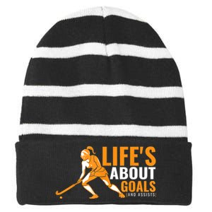 Lifes About Goals Field Hockey For Girl Field Hockey Striped Beanie with Solid Band