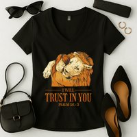 Lion And Girl I Will Trust In You Psalm 56 : 3 Women's V-Neck T-Shirt