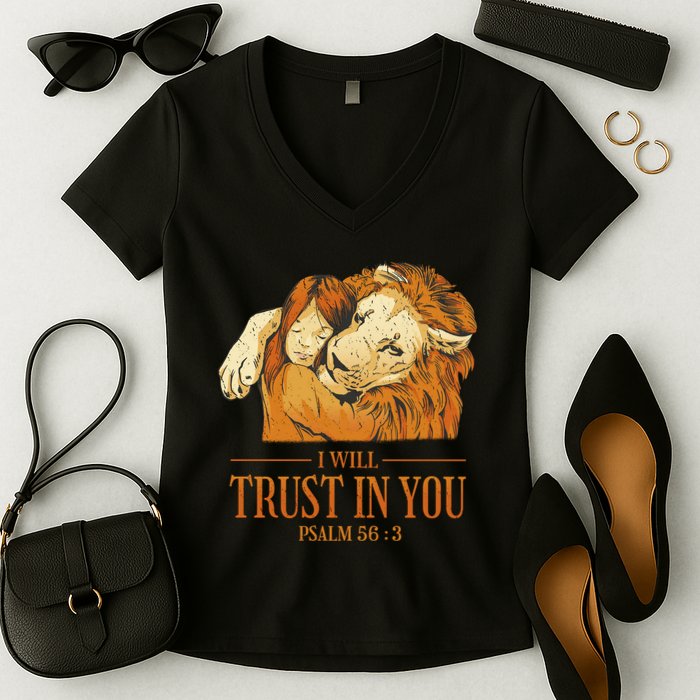 Lion And Girl I Will Trust In You Psalm 56 : 3 Women's V-Neck T-Shirt