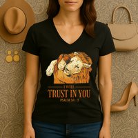 Lion And Girl I Will Trust In You Psalm 56 : 3 Women's V-Neck T-Shirt