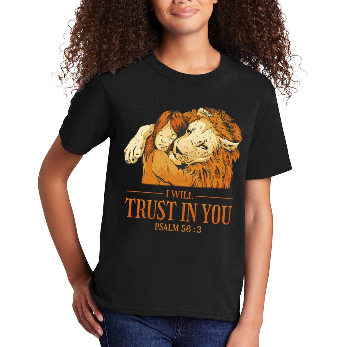 Lion And Girl I Will Trust In You Psalm 56 : 3 Kids T-Shirt