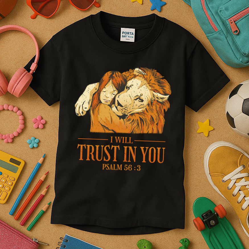 Lion And Girl I Will Trust In You Psalm 56 : 3 Kids T-Shirt