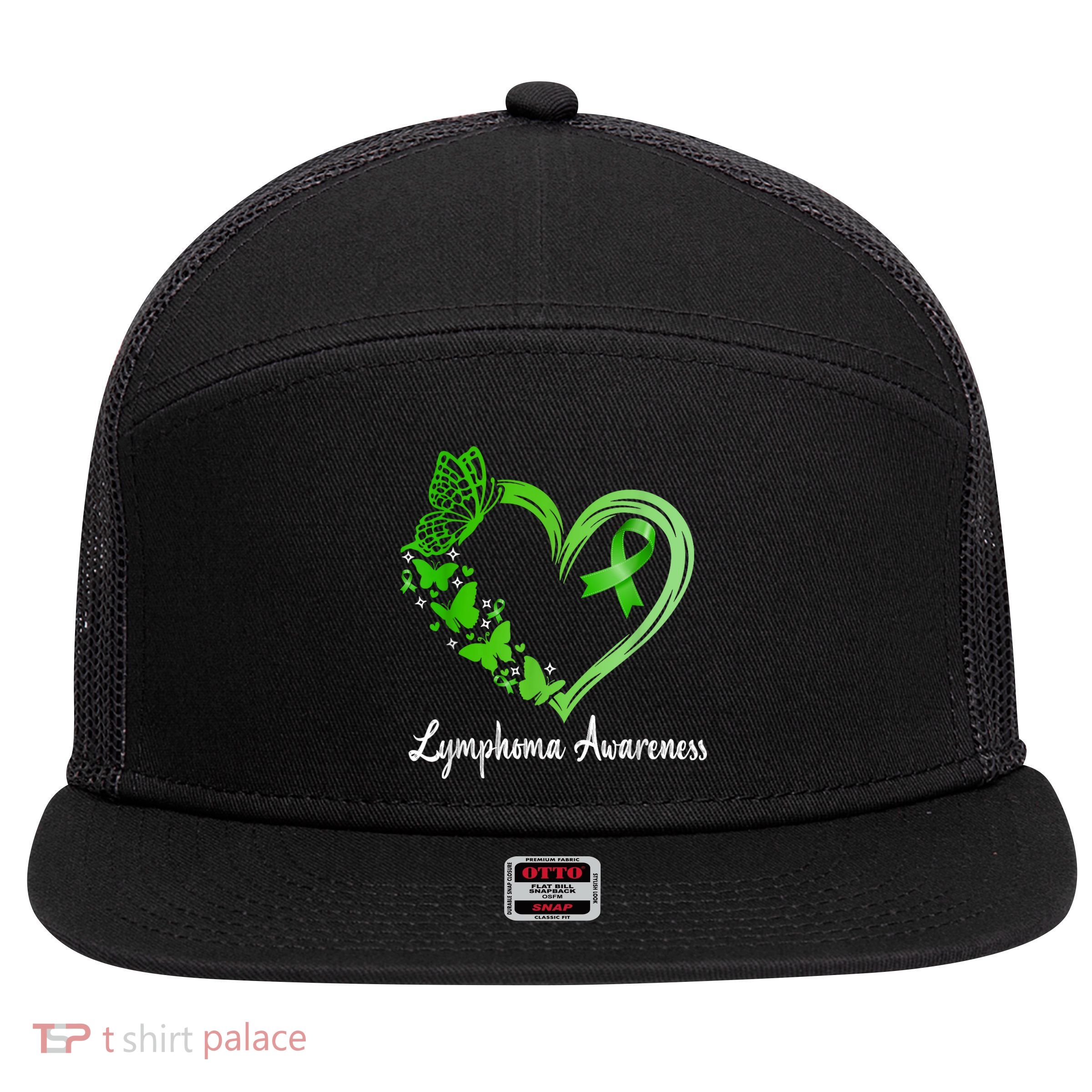 Lymphoma Awareness Green Ribbon Heart Lymphoma Warrior 7 Panel Mesh Trucker Snapback Hat