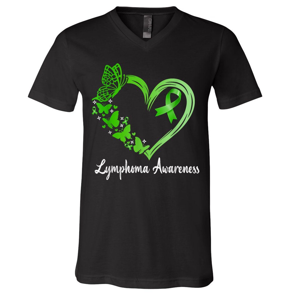 Lymphoma Awareness Green Ribbon Heart Lymphoma Warrior V-Neck T-Shirt