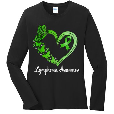 Lymphoma Awareness Green Ribbon Heart Lymphoma Warrior Ladies Long Sleeve Shirt