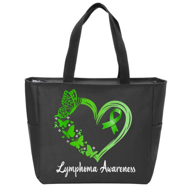 Lymphoma Awareness Green Ribbon Heart Lymphoma Warrior Zip Tote Bag
