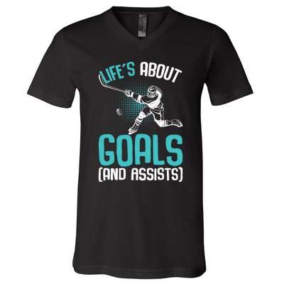 Life´s About Goals Hockey Player Ice Hockey Boy V-Neck T-Shirt