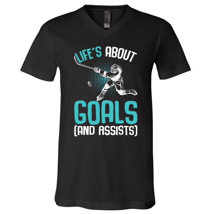 Life´s About Goals Hockey Player Ice Hockey Boy V-Neck T-Shirt