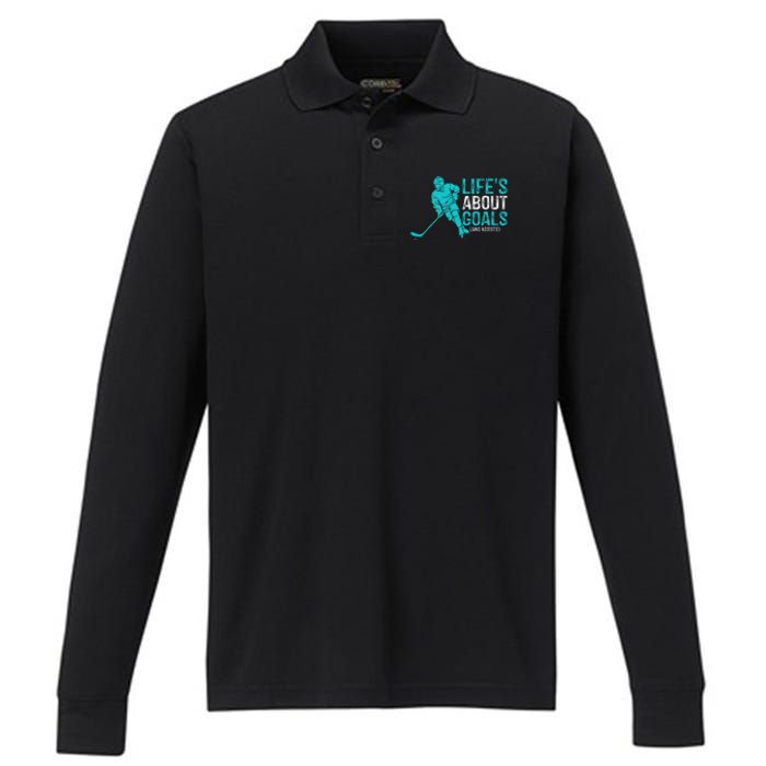 Life's About Goals And Assists Hockey Player Ice Hockey Performance Long Sleeve Polo