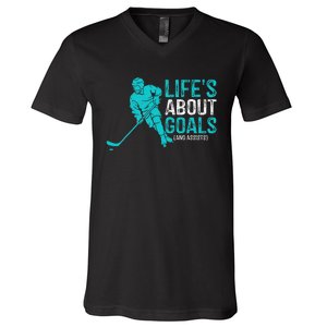 Life's About Goals And Assists Hockey Player Ice Hockey V-Neck T-Shirt