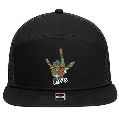 Love Asl Interpreter Hand Sign Language Translator 7 Panel Mesh Trucker Snapback Hat