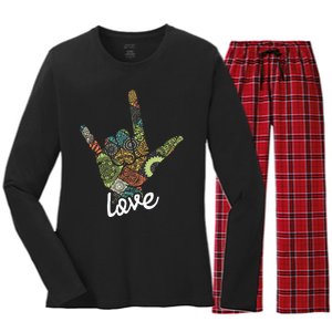 Love Asl Interpreter Hand Sign Language Translator Women's Long Sleeve Flannel Pajama Set 