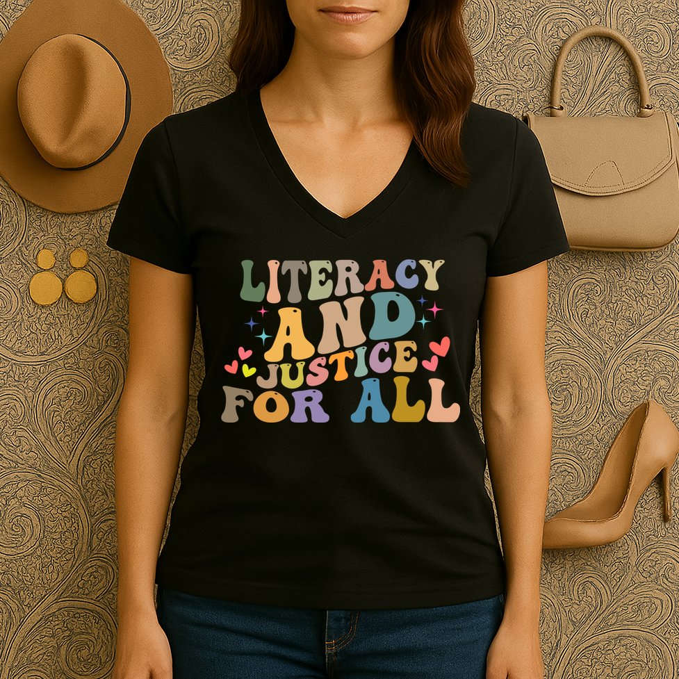 Literacy And Justice For All Reading Book Club Women's V-Neck T-Shirt