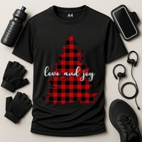 Love And Joy Checkered Christmas Tree Cooling Performance Crew T-Shirt
