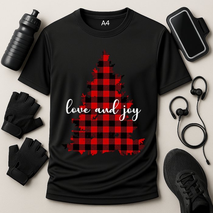 Love And Joy Checkered Christmas Tree Cooling Performance Crew T-Shirt