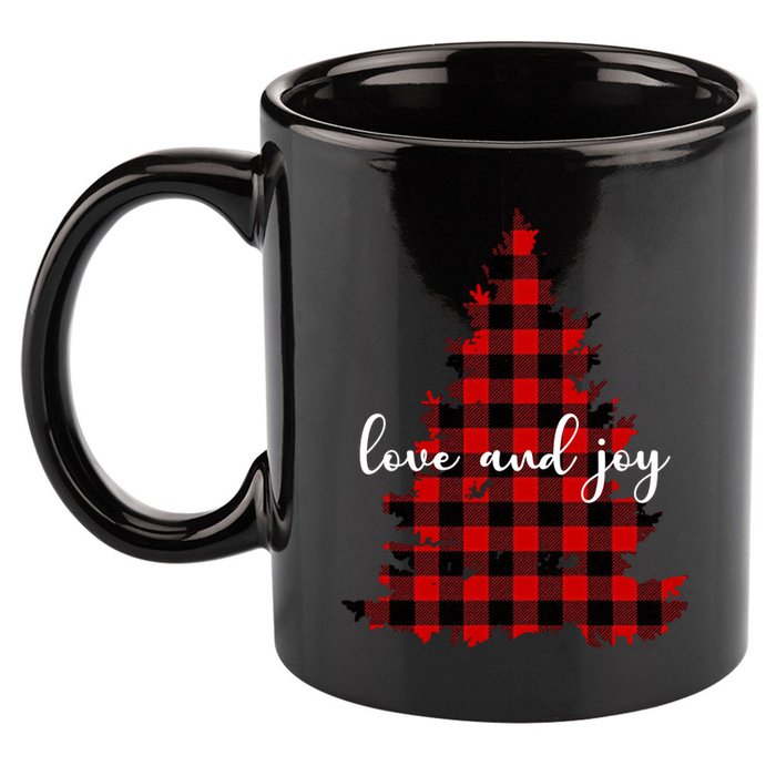 Love And Joy Checkered Christmas Tree 11oz C Handle Ceramic Mug