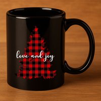 Love And Joy Checkered Christmas Tree 11oz C Handle Ceramic Mug