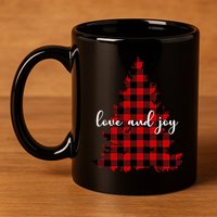 Love And Joy Checkered Christmas Tree 11oz C Handle Ceramic Mug