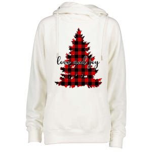 Love And Joy Checkered Christmas Tree Womens Funnel Neck Pullover Hood