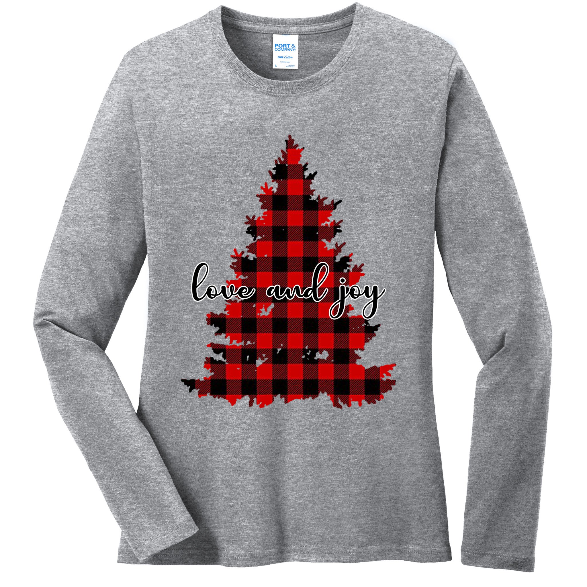 Love And Joy Checkered Christmas Tree Ladies Long Sleeve Shirt