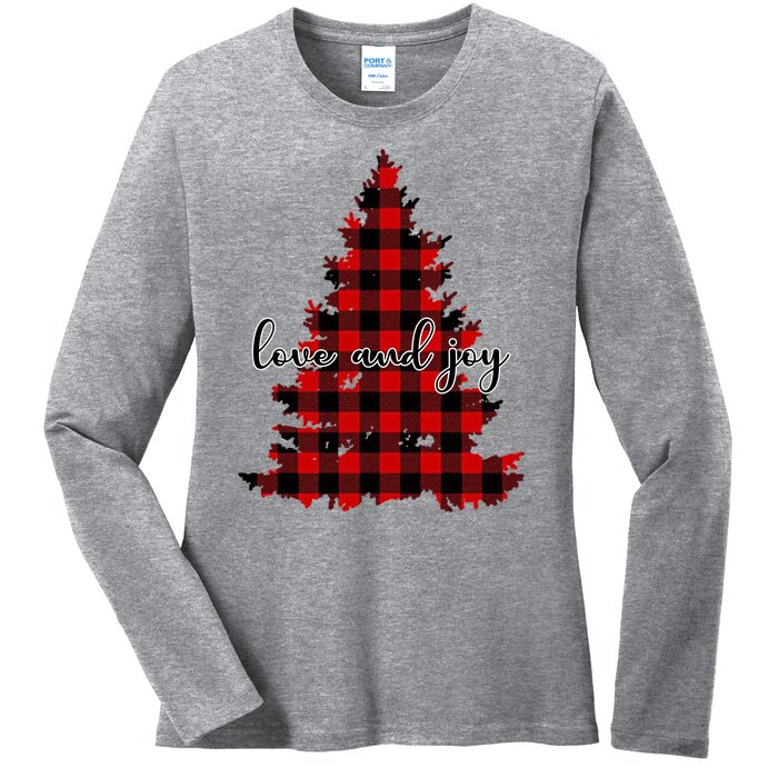 Love And Joy Checkered Christmas Tree Ladies Long Sleeve Shirt