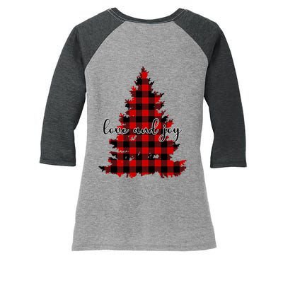 Love And Joy Checkered Christmas Tree Women's Tri-Blend 3/4-Sleeve Raglan Shirt