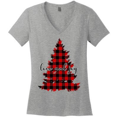 Love And Joy Checkered Christmas Tree Women's V-Neck T-Shirt