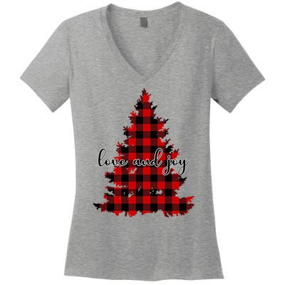 Love And Joy Checkered Christmas Tree Women's V-Neck T-Shirt