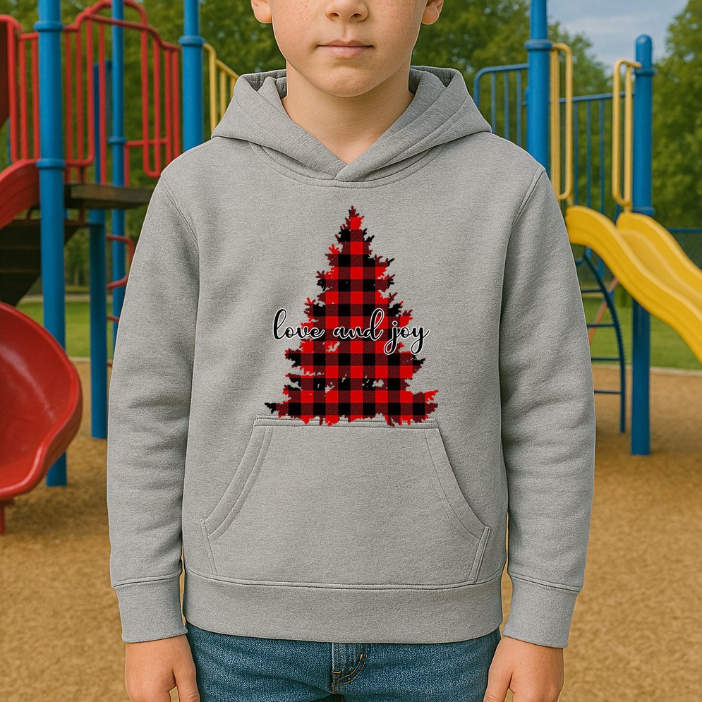 Love And Joy Checkered Christmas Tree Kids Hoodie