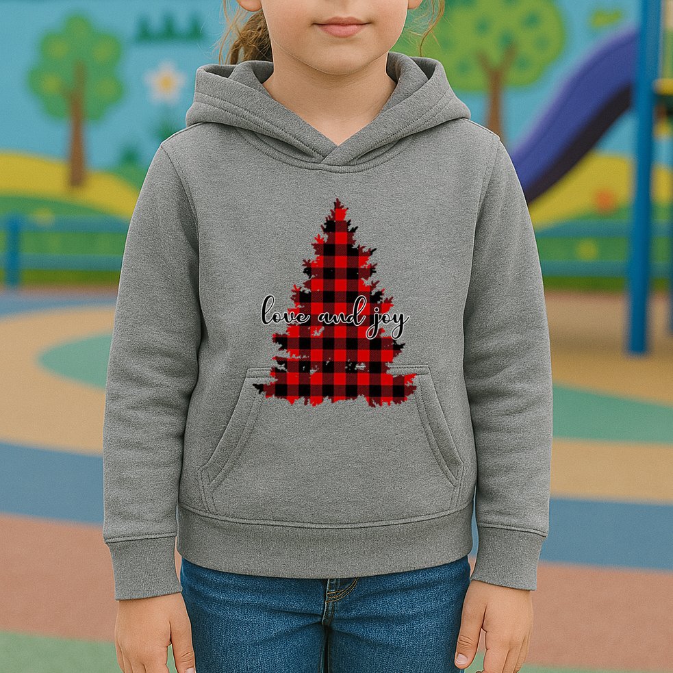 Love And Joy Checkered Christmas Tree Kids Hoodie
