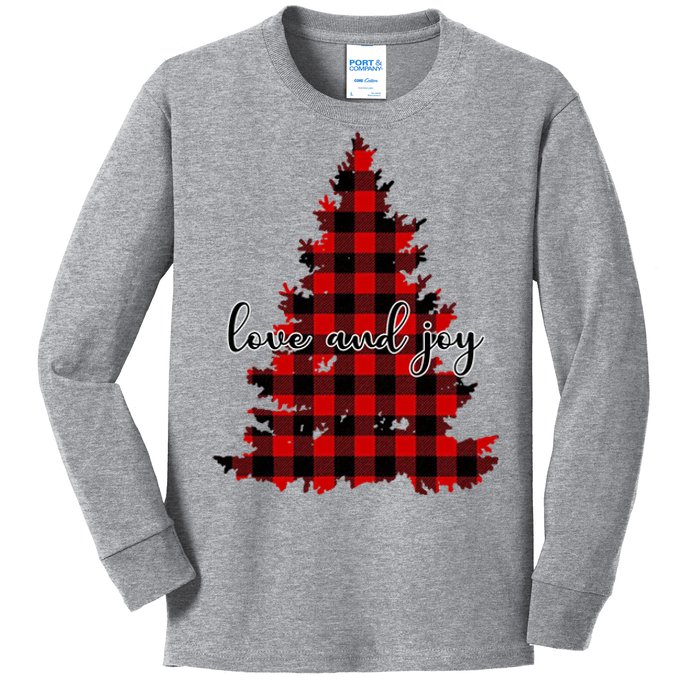 Love And Joy Checkered Christmas Tree Kids Long Sleeve Shirt