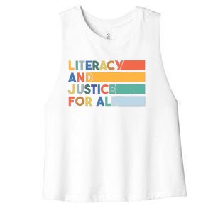 Literacy And Justice For All Reading Literacy Education Women's Racerback Cropped Tank