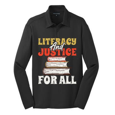 Literacy and Justice for All Teachers Education Librarian Silk Touch Performance Long Sleeve Polo