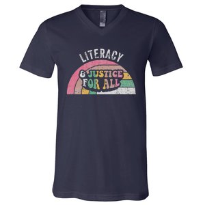 Literacy And Justice For All Bold Retro V-Neck T-Shirt