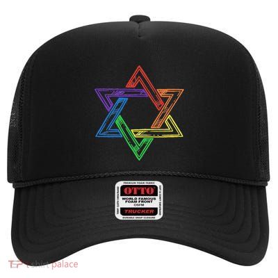 Lgbtq Ally Jewish Star Of David Rainbow High Crown Mesh Back Trucker Hat