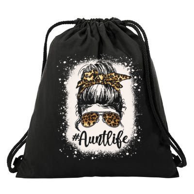 Leopard Aunt Life Messy Bun Bleached Auties Mothers Day Drawstring Bag