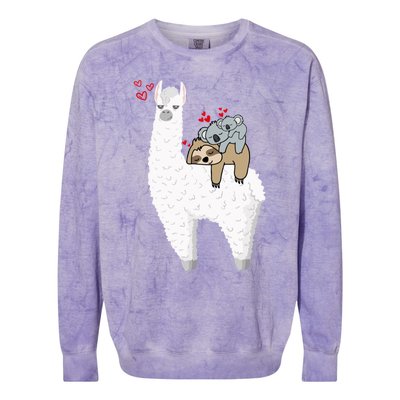 Llama And Lazy Sloth With Koala Mama Bear Valentines Gift Colorblast Crewneck Sweatshirt