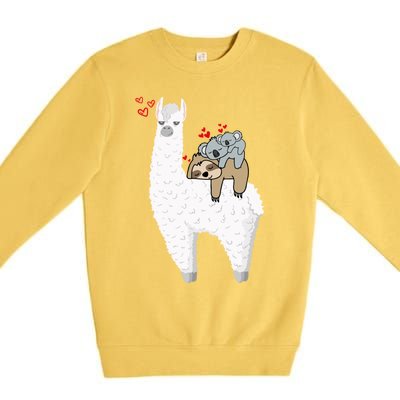 Llama And Lazy Sloth With Koala Mama Bear Valentines Gift Premium Crewneck Sweatshirt