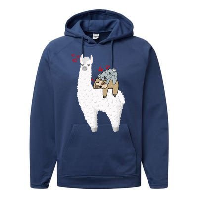 Llama And Lazy Sloth With Koala Mama Bear Valentines Gift Performance Fleece Hoodie